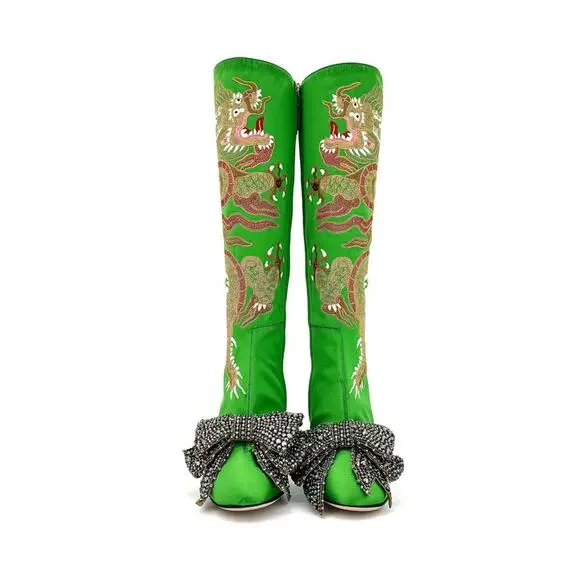 NEW Gucci Candy Dragon Embroidered Bow Crystal Embellished Knee High Boots 37.5 - Picture 4 of 10